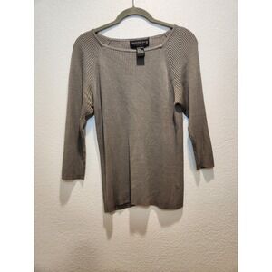 August Silk 100% Silk Ribbed Sweater Taupe Long Sleeve Knit Top Womens M
